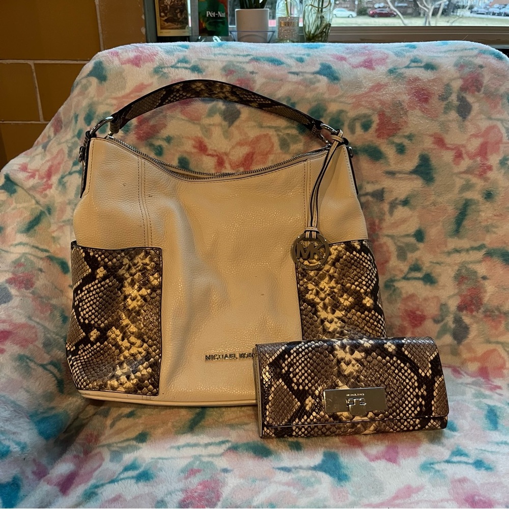 Michael Kors Cream + Snake Print Bag & Matching Wallet